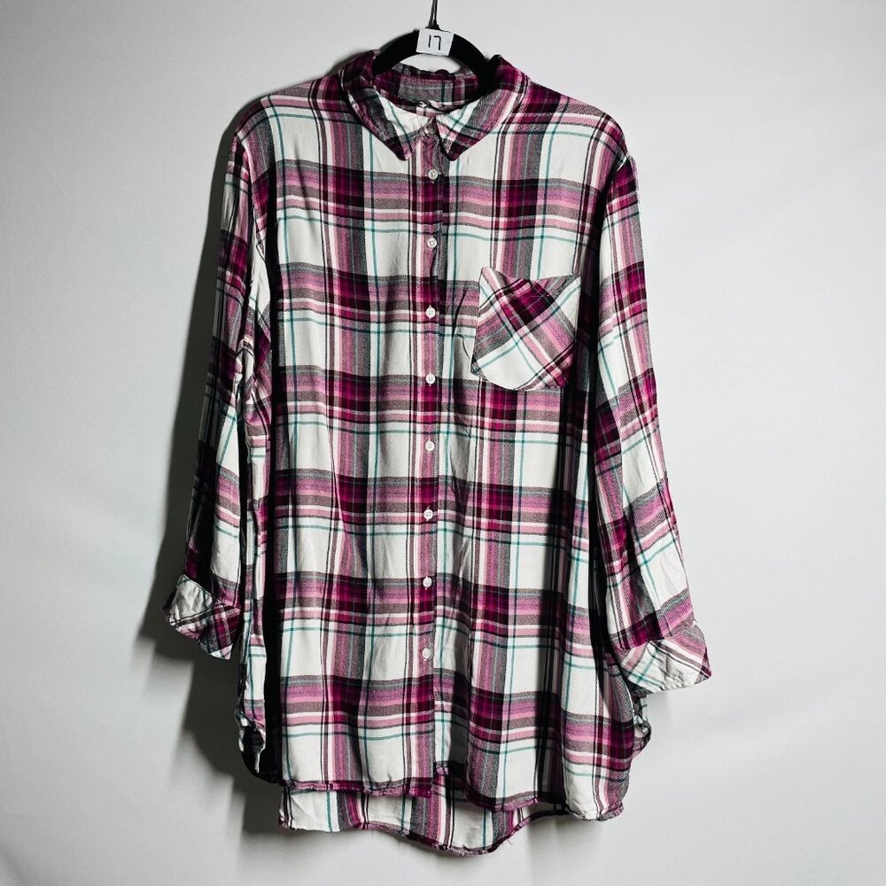 Ava & Viv Womens Pink & White Hi Low Hem Plaid Button Up Tunic Shirt Size 3X
